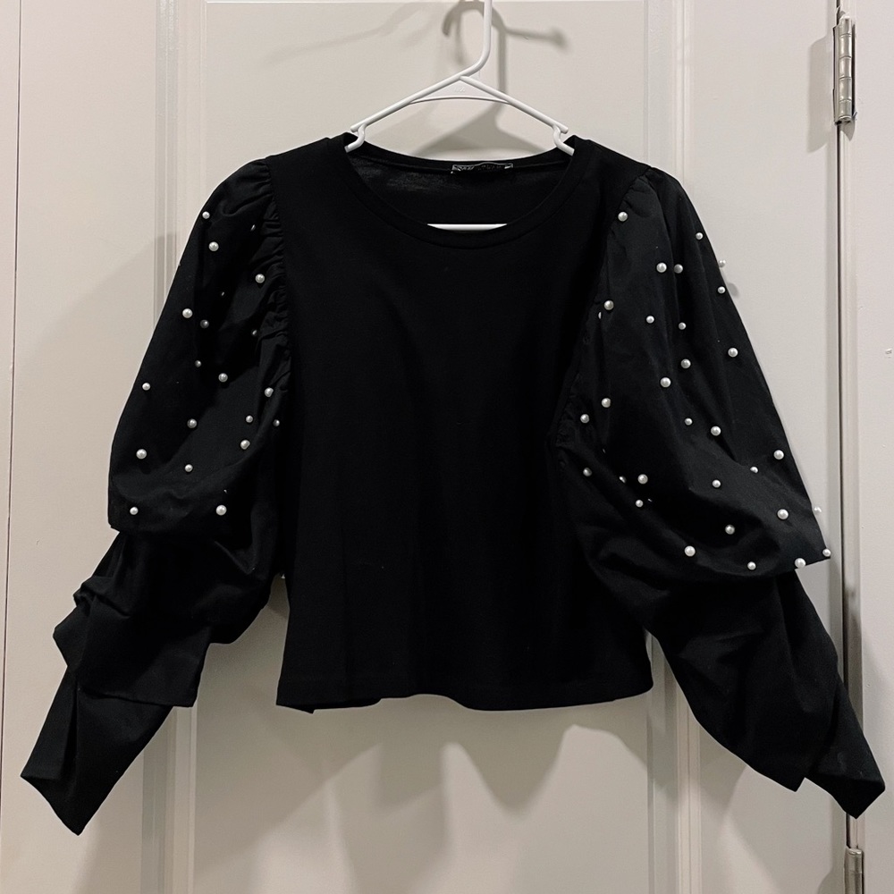 Zara Pearl Puff Sleeve Top Black